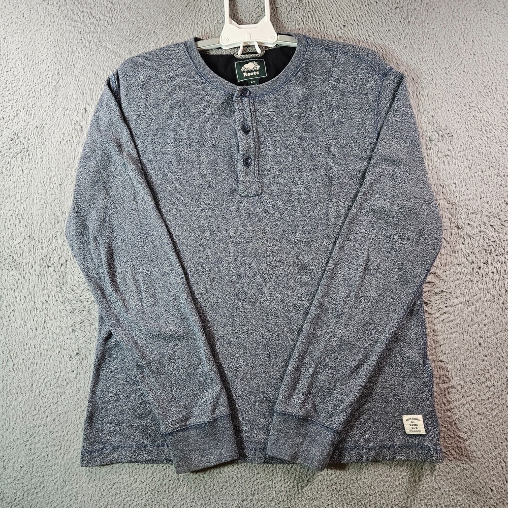 Roots Shirt Henley Style Men Large Long Sleeve Blue White Knit Cotton